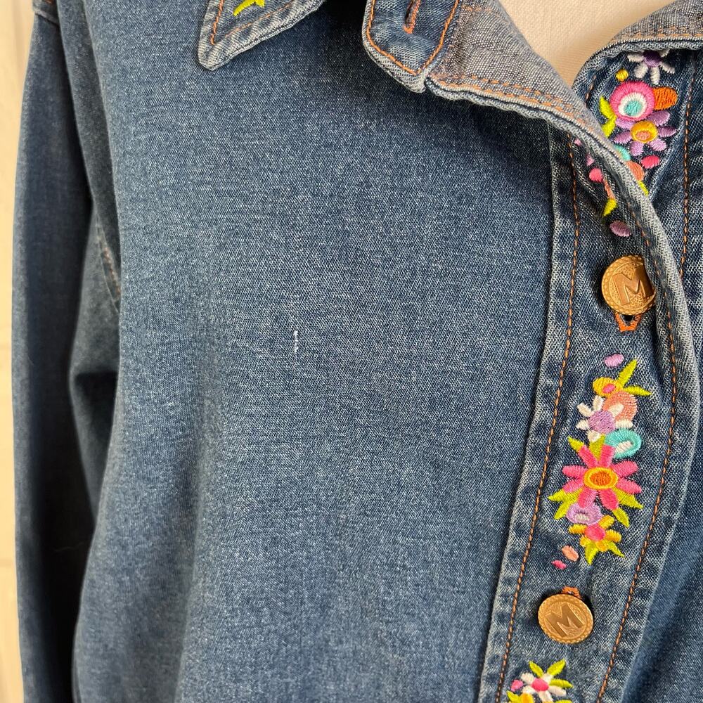 Bob Mackie Wearable Art Denim Shirt Womens 2X Plus Blue Maypole Embroidery Tunic - Picture 8 of 10